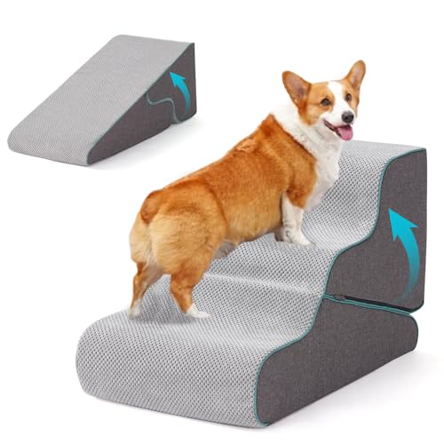 小型犬用の3段ペットの階段、高さ35?42cmの非スリップ変換可能な犬のステップ洗濯洗える布カバー、ソファベッド用の高密度フォームドッグランプ
