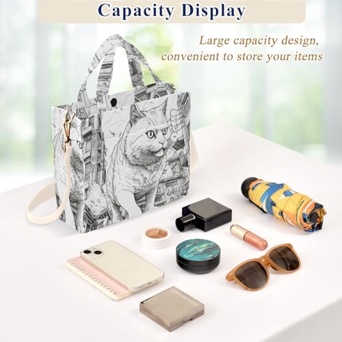 Corduroy Women Tote Bag Huge Cat Drawing Print, Handbag Purses with Detachable Strap Small Size4