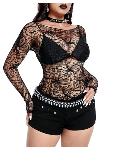 GORGLITTER Women's Long Sleeve Goth Fishnet Top Y2K See Through Sexy Crochet Boat Neck Gothic Rave Party Tees Shirt Top4