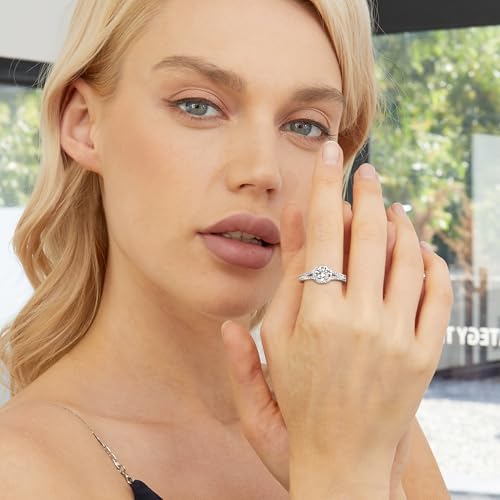 TIKJE 18K White Gold Plated Round Cut CZ Halo Engagement Ring, Split Shank Design Fake Diamond Promise Wedding Band Jewelry Gift for Her Size 6-94