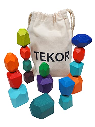 Tekor Balancing Blocks â€“ 16pcs Stacking Rocks for Kids - Natural Wooden Rainbow Stacking and Balancing Stones â€“ Canvas Carry Bag Included - Balancing Wooden Stacking Stones for Developing Skills