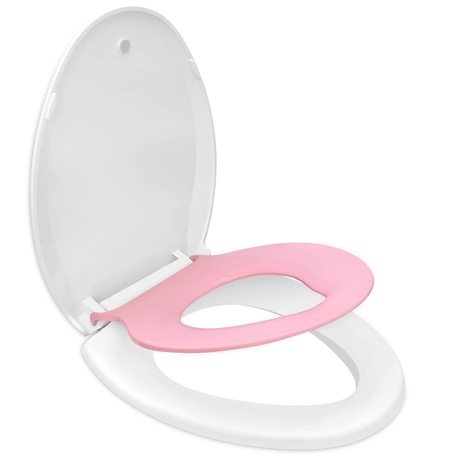 Elongated Toilet Seat with Built in Child Seat, Slow Close and Easy to Install with American Standard Hinges, Quick Release and Easy Clean, Magnetic Kids Seat Suitable for Adults and Children - Pink