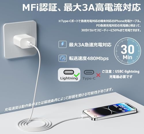 ライトニングケーブル タイプc 2M 2本【正規MFi認証品】iPhone 充電ケーブル cタイプ 最大27W対応 USB PD急速充電＆高速データ c to lightning for iPhone14/13/12 Pro Max/11/X/8/iPad/AirPods/MacBookなど各種対応 (ホワイト)