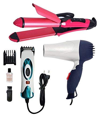KIKU Combo of Hair Dryer and Nhc-2019 Straightener and Curler, Professional Electric Hair Trimmer