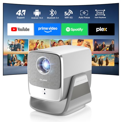 Image of Salange Smart 4K Projector【650 ANSI Lumens & Native 1080P】 Android 14 Home Bedroom Projector with WiFi6 Bluetooth 5.4,TOF Auto Focus & Keystone,10W HiFi Audio,4K Support Portable Outdoor for Movie