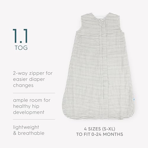 Image of Little Unicorn 0-6 Month Premium Muslin Sleep Sack 1.1 TOG | Soft & Breathable Muslin Cotton for safer sleep | 2 way zipper (Grey Stripe)
