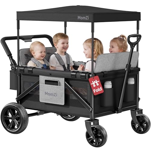 Image of MomZi 4 Seater Wagon Stroller with Removable Canopy, Collapsible Wagon Stroller for 4 Kids with Storage Pocket for Baby and Toddlers Black