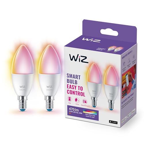 WiZ Lampadina Smart WiFi, Luce Bianca o Colorata Dimmerabile, 2 pezzi, E14, 5W, Tecnologia SpaceSense, Controllo Vocale (Alexa, Apple HomeKit, Google Home)