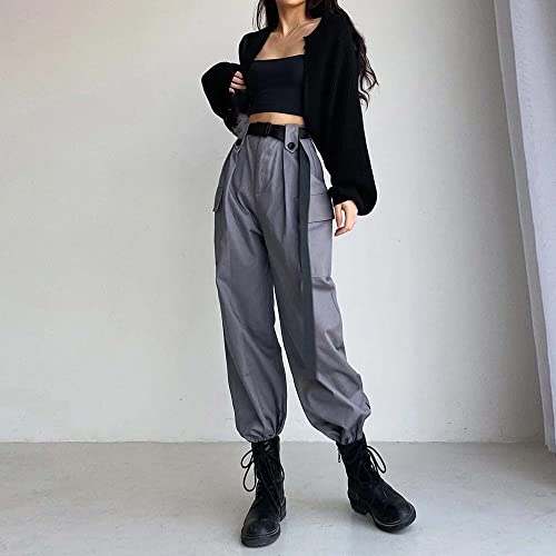 MEINVQIAOTI High Waist Solid Color Large Pocket Cargo Pants Women Loose Bundle Foot in Ribbon Black Tripp Pants4