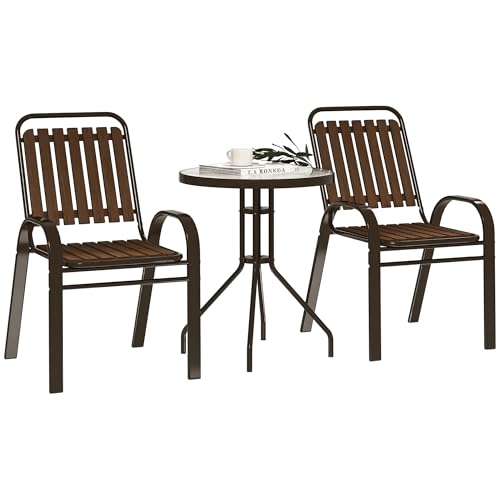 Outsunny Conjunto Jardín Exterior de 3 Piezas Juego de Muebles de Jardín con 2 Sillas Apilables Mesa con Encimera de Vidrio Templado y Estructura de Acero para Terraza Patio Balcón Marrón Oscuro