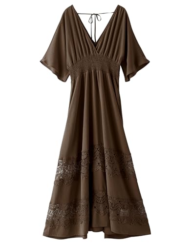 Image of Olaesa Boho Maxi Dress V Neck Short Sleeve Lace Smocked Waist Flowy Dress | Wedding Guest Dress with Pockets, Summer Bohemian Vacation Dress, Elegant Party Dress for Family photo& Baby Shower