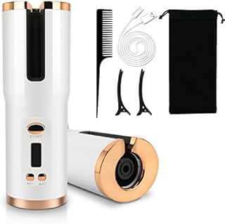 Augot Cordless Automatic Curling Iron, Rechargeable Hair Curling Wand Portable Electric Curling Iron with LCD Display, 6 Temperature and Timer Settings Auto Hair Curler for Long Hair Styling White