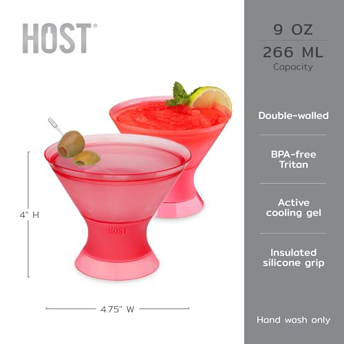 Image of HOST Freeze Insulated Martini Cooling Cups, Plastic Freezer Gel Chiller Double Wall Stemless Cocktail Glass Set of 2, 9oz Punch Pink
