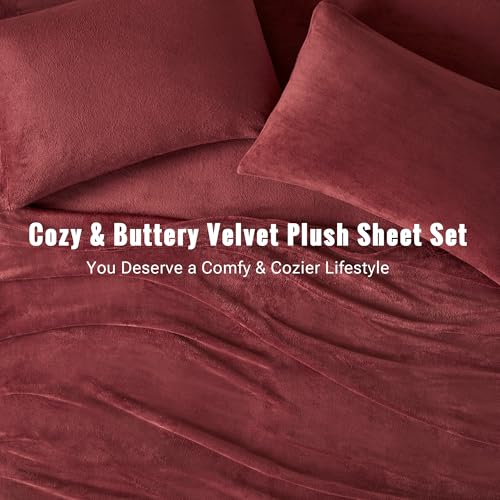 Image of True North by Sleep Philosophy Plush Sheet Set Twin, Solid Color, Warm & Soft Bedding Twin Size Sheets, Fitted Pocket Fits Up to 16 inch Mattress, Soloft, Burgundy 3 Piece