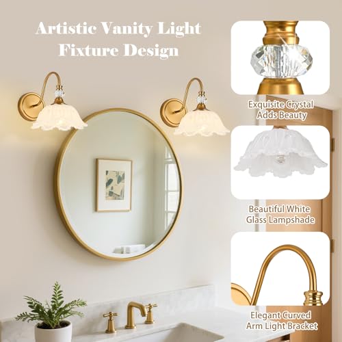 Image of 1 Piece Vintage Wall Sconce with Floral White Glass Shade, Matte Brass Finish Wall Sconce for Bathroom, Vintage Bathroom Vanity Light Fixture