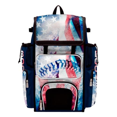 Boombah Superpack Bat Bag - Backpack Version (no wheels) - Holds 4 Bats - USA Baseball Flag White/Royal Blue/Red