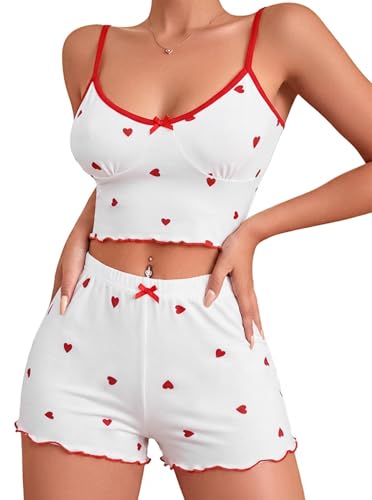 Image of Hilinker Women's 2 Piece Heart Pajama Set Ribbed Cami Top and Shorts Sleepwear Cute Pjs White Red Heart B Medium
