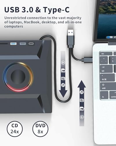 Image of External CD DVD Drive,7 in 1 USB 3.0 and Type-C Disc Reader Writer Burner Player,Slim and Portable CD DVD + /-RW Optical Drive for PC Laptop Desktop MacBook Mac Windows Linux OS Apple