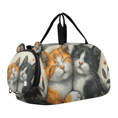 Duffle Bag for Boys or Girls with Shoes Compartment, Cats in Love Among Flowers Sports Travel Bag Overnight