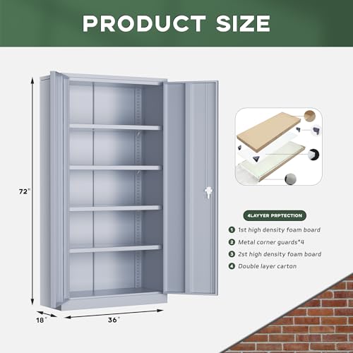 Image of Greenvelly Metal Storage Cabinet, 72 inch Lockable Metal Garage Storage Cabinet with Doors and 4 Adjustable Shelves, Locking Steel Cabinet for Home Office, Garage, Shop, School (Dark Grey 36 inch W x 18 inch D)