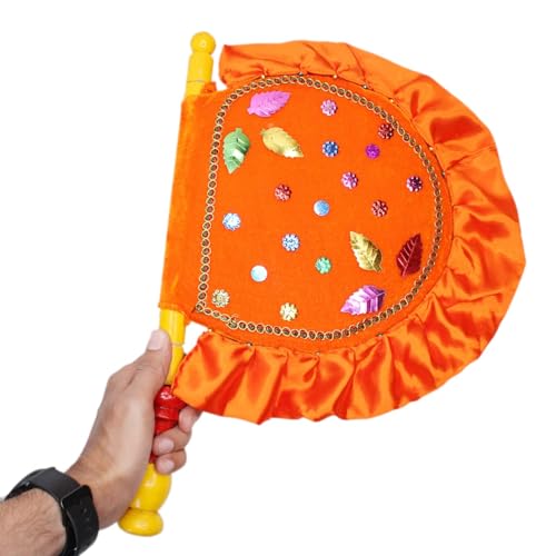 Image of Handmade Decorative Orange Hand Fan with Wooden Handle - Folding Fan for Cool Air, Home Decor, Travel, Weddings, Festivals, Photography Props, Lightweight, Portable, Reusable, Multi M5