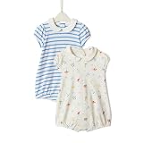 Amazon Essentials x Sofia Grainge Baby Girls' Cotton Short Sleeve Romper with Peter Pan Collar, Pack of 2, Sailboats/Uneven Stripe, 6-9 Months