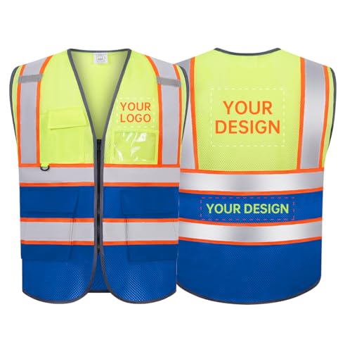 Shmimy Custom Logo Safety Vest Mesh Reflective Vest Class 2 ANSI Standard with Pockets Zipper Image Text