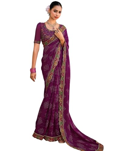 Image of SIRIL Women's Bandhani Printed Georgette Sequence Lace Scalloped Border Saree with Unstitched Blouse Piece
