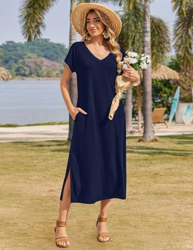 Image of Zeagoo Women Summer Floral Dress Short Sleeve Beach Dress with Pockets Casual V-Neck Split Long T-Shirt Dress Travel Vacation