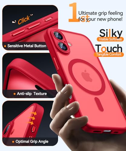 Image of CANSHN Magnetic for iPhone 16 Plus Case, Upgraded [Full Camera Protection] [Compatible with Magsafe] [Translucent Matte] Shockproof Protective Phone Case for iPhone 16 Plus - Red