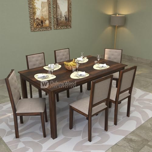 Image of DRIFTINGWOOD Izabel Dining Table 6 Seater | Six Seater Dinning Table with 6 Chairs for Home with Beige Cushions | Rosewood, Walnut Finish, Self Assembly(DIY)