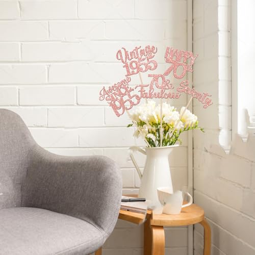 Image of 15 PCS 70th Birthday Centerpiece Sticks Seventy Glitter Happy 70th Vintage 1955 Table Flower Centerpieces Sticks Cheers to 70 Fabulous Floral Decorations for 70th Birthday Party Supplies Rose Gold