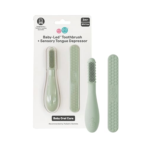 Image of ezpz Baby-Led Toothbrush + Tongue Depressor Dual Pack (Sage) - 100% Silicone Toothbrush + Silicone /Stainless Steel Tongue Depressor - Helps Set-up Infants for a Healthy Oral Care Routine