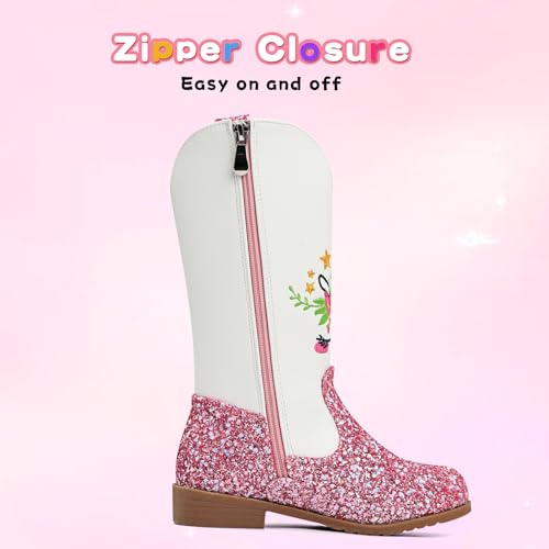 Girls Cowgirl Boots Glitter Princess Shoes Mid Calf Zipper Square Toe Western Cowboy Boot, Pink 12 Little Kid3