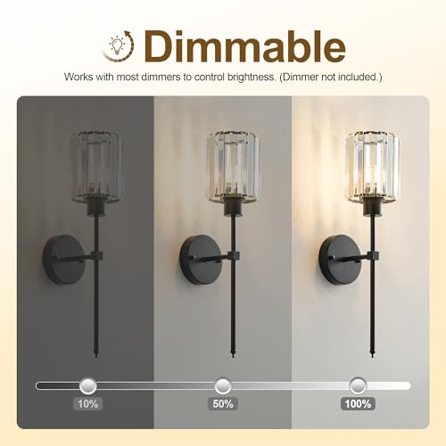 Image of KARTOOSH Hardwired Crystal Wall Sconces Set of 2 | 20.1 Inch Black Wall Lights Dimmable 3000K Warm White Wall Lamps for Hallway, Bathroom, Living Room, Bedroom