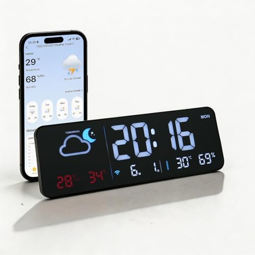 Seutgjie Horloge Numérique Murale avec Station Météo WiFi Reveil ...