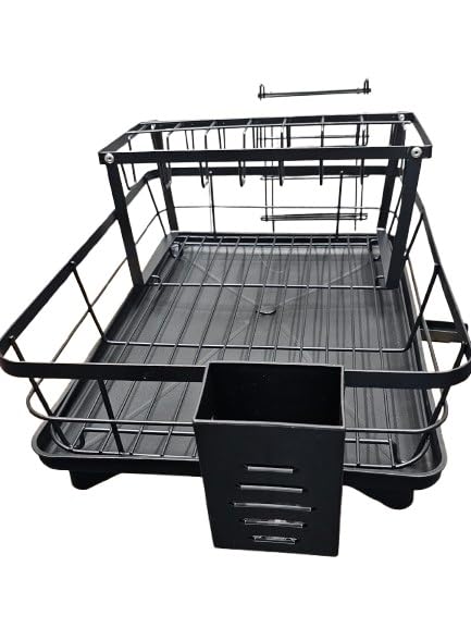 Escurridor de platos de 2 niveles de gran capacidad, multifuncional, a prueba de óxido, para encimera de cocina con boquilla a prueba de fugas, estante para tabla de cortar, soporte grande para