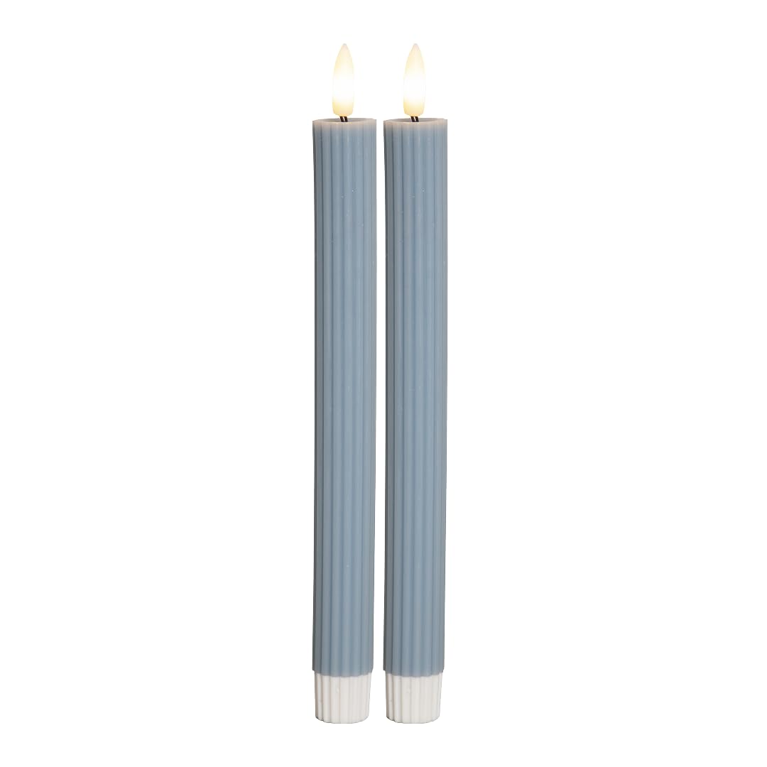Star Trading LED Stabkerzen Echtwachs 2er-Set – Stabkerze mit Timer, flackernder Flamme, Warmweiß, Batterie, Blau-Grau, 25 cm – Innenbereich