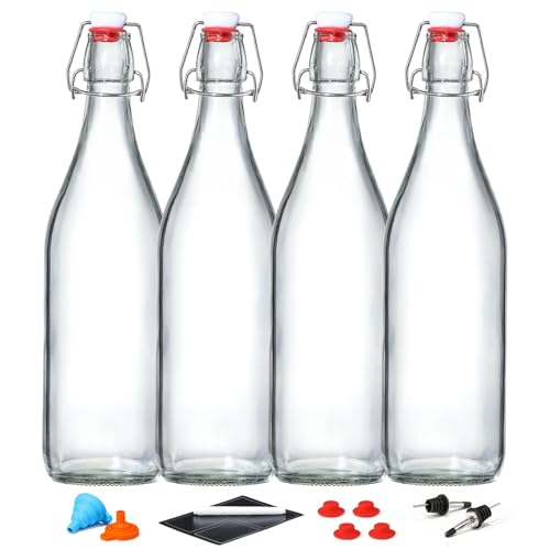 4 Pack [1 Liter / 33 fl. oz.] Swing Top Glass Bottles w/ Airtight Stopper Lids &ndash; Flip Top Brewing Bottle for Fermentation, Kombucha, Mead, Vinegar, Beer, Kefir, Wine &ndash; With 4 Extra Seals & 2 Pourers
