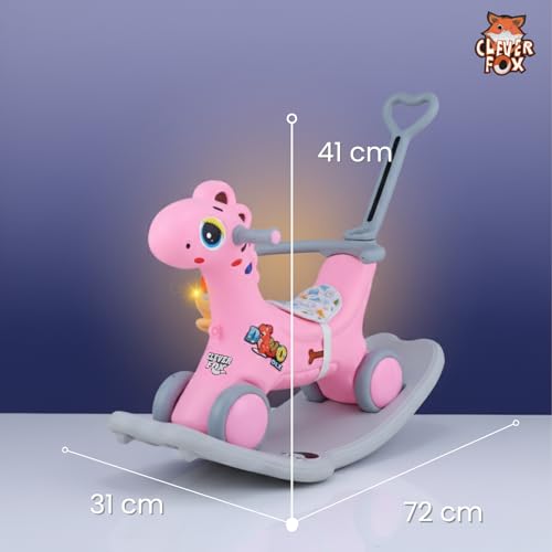 Image of KURB 3-in-1 Ride-on Dino and Rocker for Kids | Multi-Functional | Age 12 Months - 4 Years | Sturdy and Durable | Safety Belt | Child-Safe Plastic (Pink)