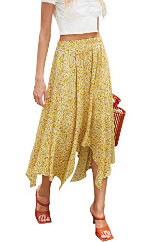Hibluco Women's High Waist Asymmetrical Boho Midi Skirt Casual Floral Skirts