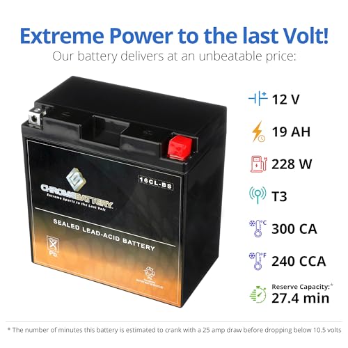 Image of CB CHROMEBATTERY YB16CL-B 12 V 240 CCA AGM - Maintenance-Free 19 Ah Battery for Sea-Doo Jet Ski, ATV & Snowmobile - T3 Nut & Bolt Terminal - Fits BRP Sea-Doo GTI, Polaris SLT 780