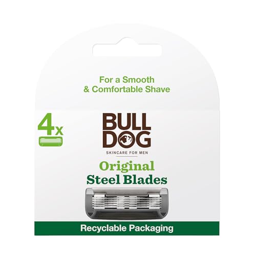Bulldog Skincare for Men Original Steel Blades, Close Shave and Edge with 5 Steel Blades, Recycled Packaging, Lubricating Lube Strip with Aloe, 4 Replacment Blades