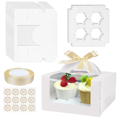 MUMULULU 12 PCS White Paper Cupcake Boxes with Carry Handles Silk Ribbon Stickers 4 Cavity Cookie Gift Boxes for Bakery Pastries Birthday Wedding Party