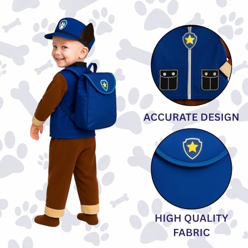 Image of WANNA PARTY Cute Cartoon Paw Chase Marshall Costume with blue backback for Boys for Birthday Outfit,Halloween, Pretend Play Costume Dress for Boys.Size-3 to 5 years
