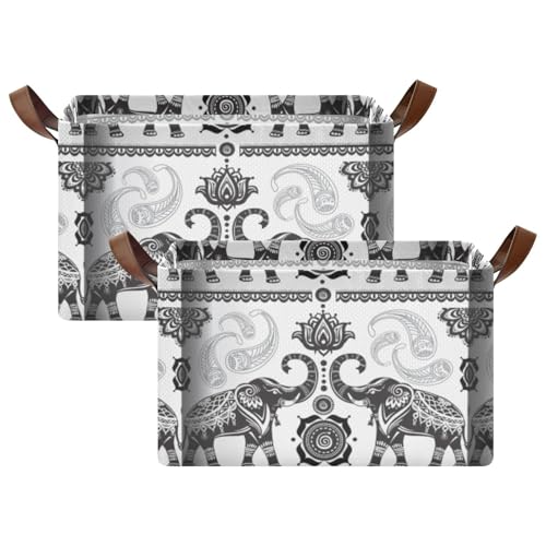 Mandala Flower Ethnic Tribal Elephants Black White Pattern 2PC Rectangle Foldable Frame Basket Leather Handles Storage Bin for Laundry Bathroom Organizer M 16.9 x 11.4 x 10 inch