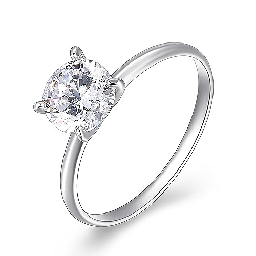 Platinum Plated Sterling Silver Round 6.5mm Cubic Zirconia Solitaire Ring, Size 6