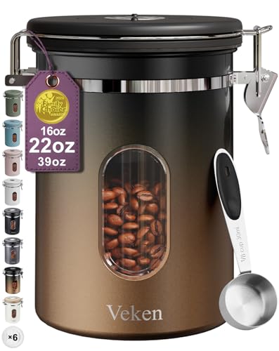 Veken Coffee Canister with Window,Airtight Stainless Steel Kitchen Food Storage Container, Date Tracker & Scoop for Grounds Coffee, Beans, Tea,Flour,Cereal,Sugar,22OZ,Copper