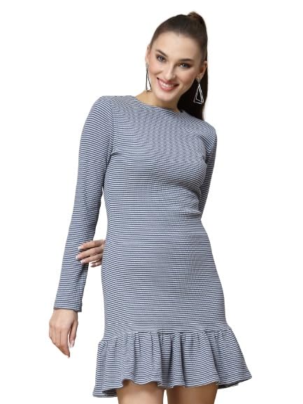 Blue Strips Body Cone Round Neck Tired Dress