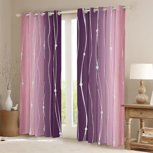 Homewish Pink and Purple Blackout Curtains for Women Girls Watercolor Gradient Curtains & Drapes, Geometric Abstract Curtains Wave Stripe Black Out Curtains, Modern Aesthetic Window Drapes 66" Wx72 L